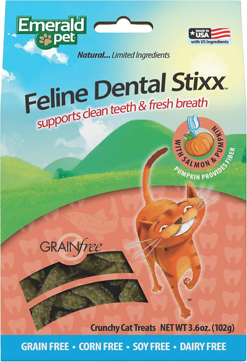Emerald Pet Feline Dental Stixx, Tasty Crunchy Cat Dental Sticks with Pumpkin for Digestive Health, Salmon Stixx, 3.6 oz
