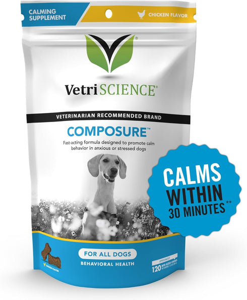 VetriScience Composure Calming Chews for Dogs, 120 Count, Chicken Flavor, Clinically Proven Anxiety Relief Supplement