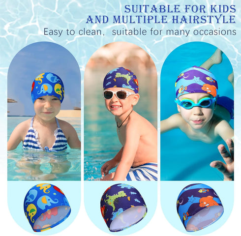 Geyoga Kids Swim Caps, 3 Pieces Unisex Bathing Swimming Hats for Boys and Girls, Long Short Hair