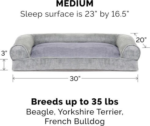 Furhaven Pillow Dog Bed for Medium/Small Dogs, Removable Bolsters, Washable Cover, Faux Fur & Velvet, Smoke Gray