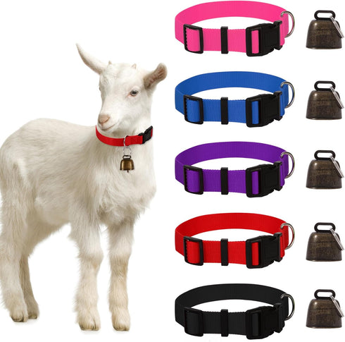 5 Pack Goat Collar with Bell, Adjustable Nylon Collar Set with Anti-Lost Loud Grazing Copper Bells for Farm Animals