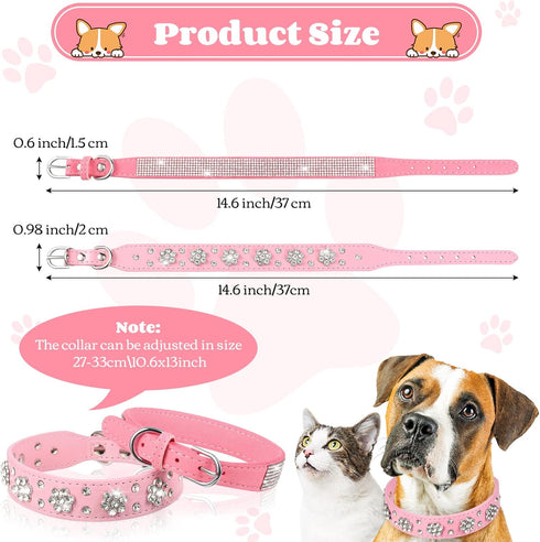 2 Pieces PU Leather Dog Collar, Pink Rhinestone Pet Collar with Flower Pattern, Adjustable Bling Puppy Collar (S:11-13