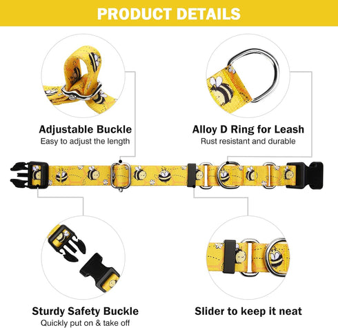Martingale Collar for Dogs, Adjustable Soft Nylon Collars with Cute Patterns for Small Medium Large Dogs, Yellow Bee,