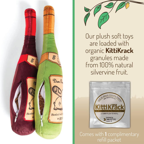KittiLush 2-Pack Organic Silvervine Catnip Substitute Toys - 100% All-Natural Refillable Wine Bottle Kicker