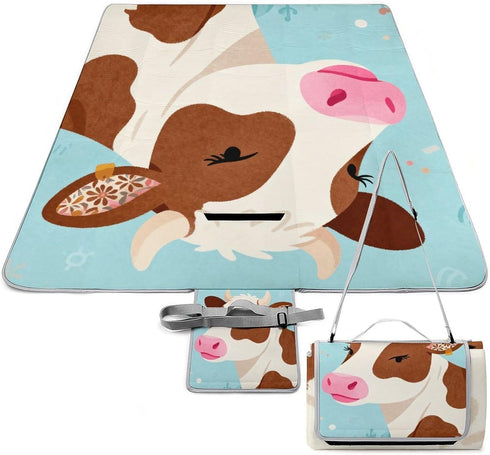 LZQPOEAS Cow Head with Pink Mouth Picnic Blanket Outdoor, Square Foldable Lightweight Waterproof
