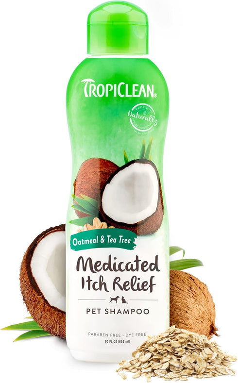 TropiClean Medicated Dog Shampoo for Allergies & Itching, Tea Tree & Oatmeal Shampoo for Sensitive Skin, 20 oz