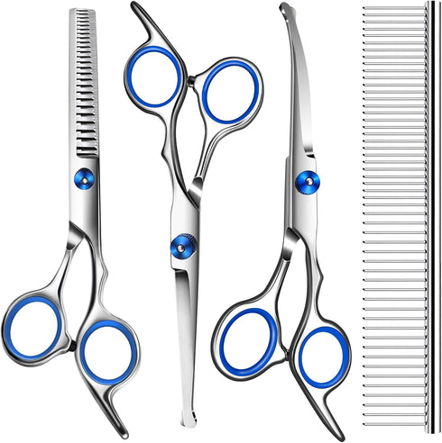 Dog Scissors for Grooming with Safety Round Tip, Professional Dog Grooming Kit, Includes Thinning, Curved, Straight