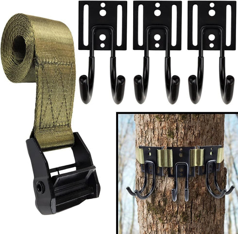 Tree Stand Gear Hanger, Comes with 3 Strong and Durable Double Tree Hooks for Hunting, Sturdy Thick Tie Down Straps,