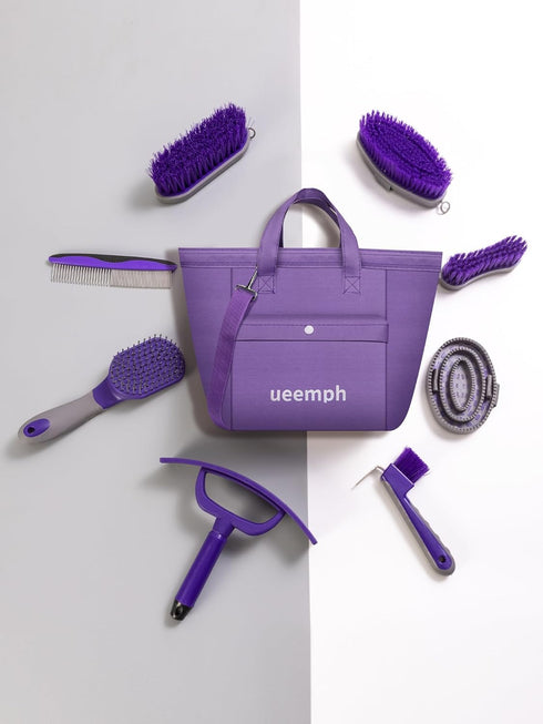 (12-Piece): Horse Grooming Kit Brushes, Storage Bag, Sweat Scraper, Mane Comb, Grooming Gloves - Purple Horse Gifts