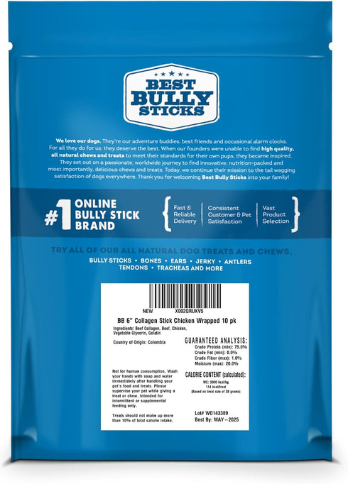 Best Bully Sticks All Natural Dog Chews - 6 Inch Chicken Wrapped Beef Collagen Sticks - USA Baked & Packed, Rawhide