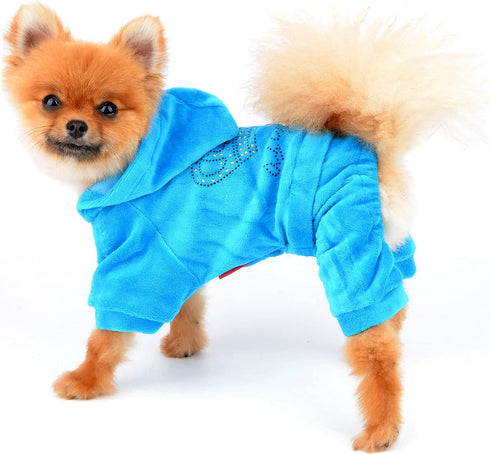 Pet Clothes SMALLLEE_LUCKY_STORE for Small Dog Cat, Soft Velvet Crown Jumpsuit Coat Hoodie Pajamas Tracksuit Blue M