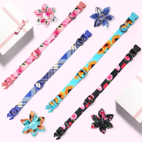 Floral Girl Dog Collar - Pink Dog Collar with Rose Flower Bow Tie for Small, Medium, Large Dogs