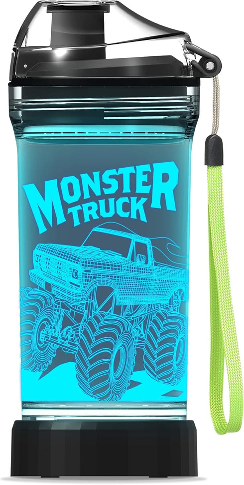 Lightzz Kids Water Bottle, 3D Glowing Monster Truck LED Light, 14 OZ Tritan BPA Free Travel Cup for Kids