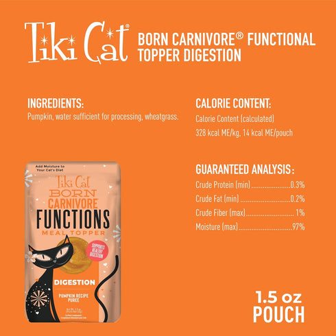Tiki Cat Born Carnivore Functions Digestion, Pumpkin Recipe Puree, Mousse Cat Food Topper, 1.5 oz. Pouch (12 Count)