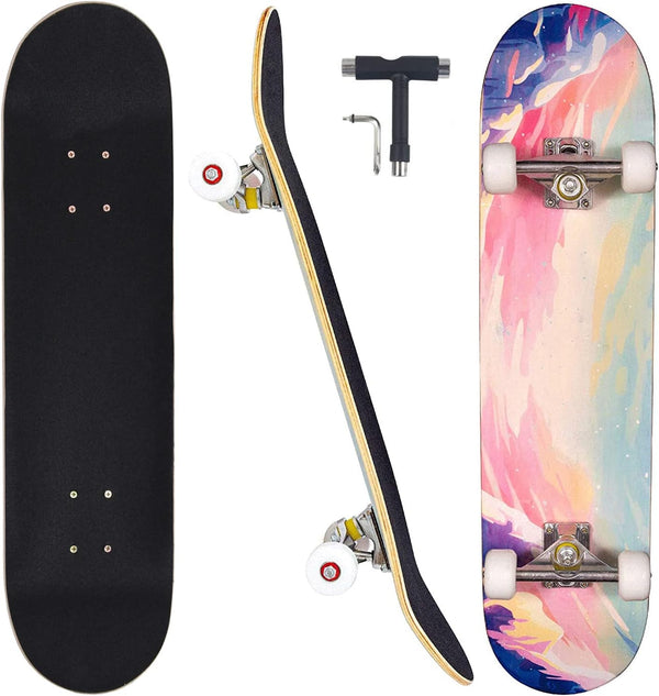 Skateboards for Beginners - 31 Inch Pro Complete Skate Boards, 7 Layer Canadian Maple, Double Kick Concave