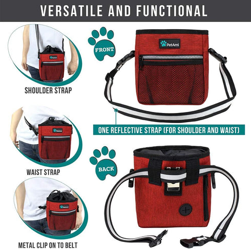 PetAmi Dog Treat Pouch, Training Bag Holder for Kibbles, Poop Bag Dispenser, 3 Ways to Wear (Red)