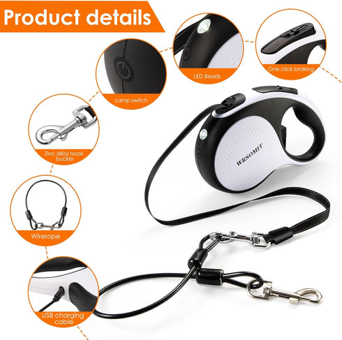 Retractable Dog Leash with Chew Proof Cable and LED Flashlight, 16Ft Heavy Duty Leash for Small Medium Large Dogs