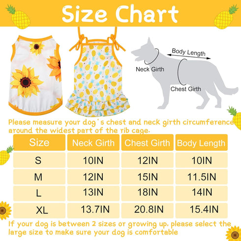 4 Pieces Pet Clothes Set Include 2 Pieces Cute Pet Dress Lovely Fruit Dog Dress and 2 Pieces Dog Shirt Breathable Pet T-Shirt Puppy Clothes Shirt for Pet (Pineapple, Sunflower,X-Large)