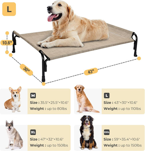 Veehoo Elevated Dog Bed, Outdoor Raised Cots for Large Dogs, Cooling Camping Bed with Slope Headrest, Washable, Beige