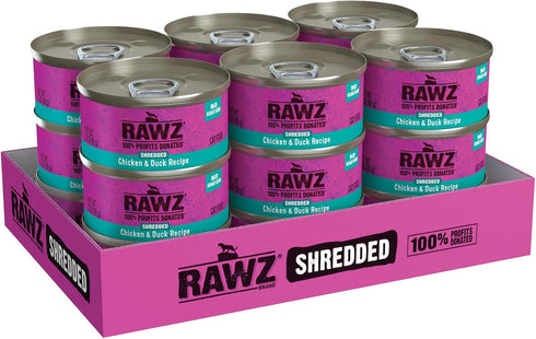 Rawz Natural Premium Shredded Canned Cat Wet Food, Grain Free, Real Meat Ingredients, 3oz Cans, 18 Count