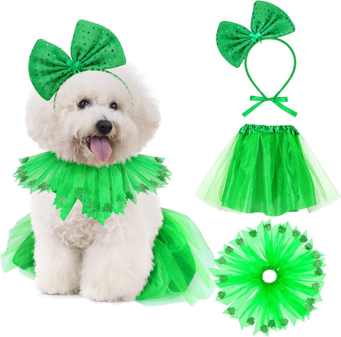 Weewooday 3 Pieces St. Patrick's Day Dog Costume, Mardi Gras Girl Dog Tutu Skirt and Bowtie Headband for Small Puppy