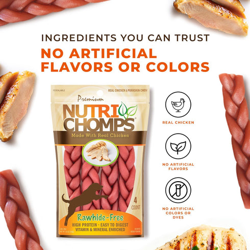 NutriChomps Dog Chews, 6-inch Braids, Rawhide-Free Dog Treats, Healthy, 4 Count, Real Chicken Flavor