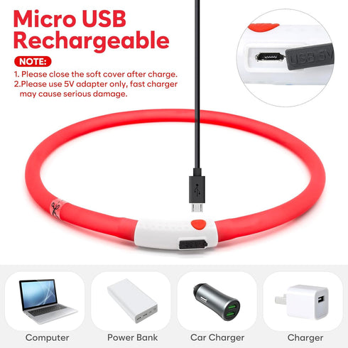 HIGO Light Up Dog Collar - Lightweight USB Rechargeable LED Collar for Dogs and Cats Walking at Night (Red-Silicone)