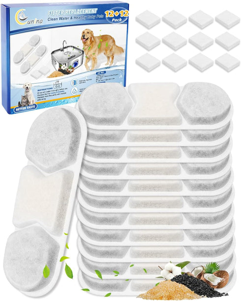 12 Pack Replacement Filter & 12 Pre- Sponges Dog Water Fountain Filters