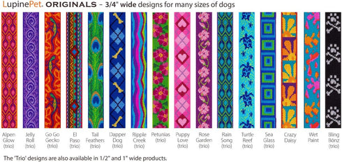 Lupine Large Dog Collar 3/4" Wide, Petunias Design Adjusts from 15" to 25"