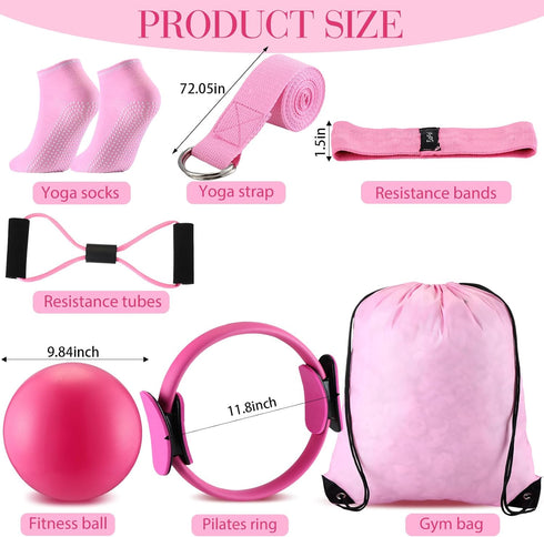 Poen 14 Pcs Pilates Ring and Ball Set for Women - Circle Ball with Stretching Strap, 8 Resistance Bands, Non-Slip Socks.