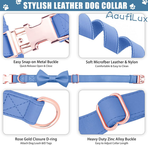 Soft Leather Bowtie Dog Collar, Adjustable Cute Bow Tie Collar with Rose Gold Heavy Duty Metal Buckle for Dogs, Blue S