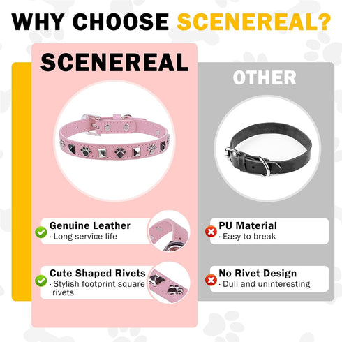 SCENEREAL Leather Dog Collars for Small Medium Dogs, Adjustable Studded Cute Collar for Pet Boy Girl Kittens (Pink, XS)