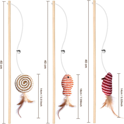 Cat Toys for Indoor Cats - 3pcs 16 Inch Natural Wood Teaser Wand with Refills, Bonus 5pcs Catnip Sticks for Play