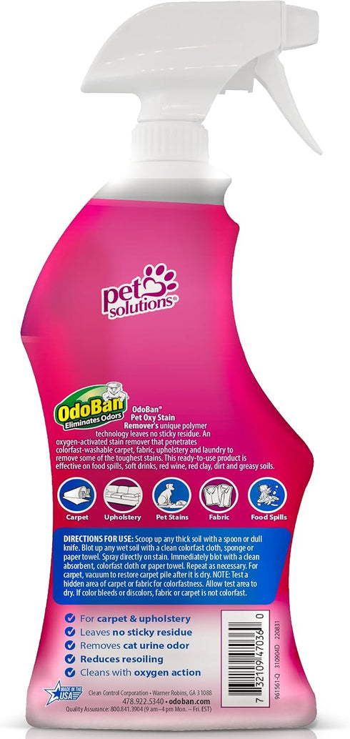 OdoBan Pet Solutions Oxy Stain Remover, Pet Stain Eliminator, 2-Pack, 32 Ounce Spray Each