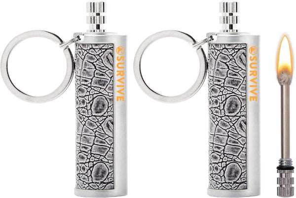 SURVIVE Permanent Match Metal, 2 Pack, Reusable Survival Fire Starter Lighter, Emergency Waterproof Keychain Kit.