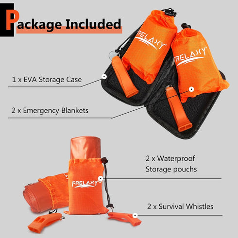 Frelaxy Emergency Blanket Extra-Thick Extra-Large 2-Pack/4-Pack with Whistles, Storage Pouches, EVA Case