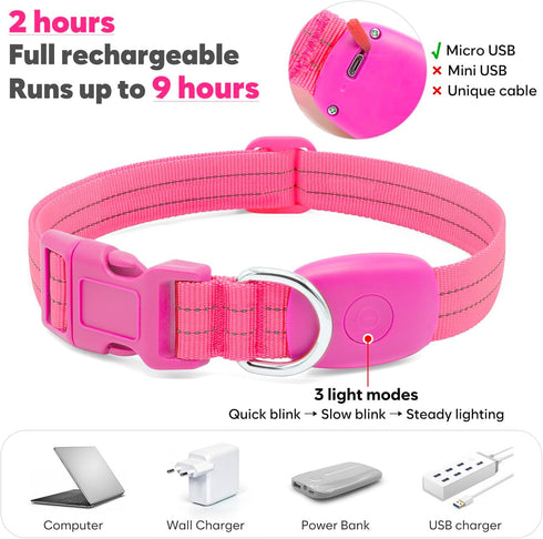 Light Up Dog Collars - Rechargeable Reflective LED Glow Dark for Small Medium Large Dogs, Adjustable Pet Lights for