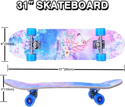 Skateboards for Beginners Kids Boys Girls and Adults, 31''x8'', 7-Layer Maple, Double Kick Concave, Solid & Durable