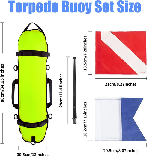 Inflatable Diving Safety Surface Marker Buoy - High Visibility Diver Down Torpedo Float with 2 Dive Flags