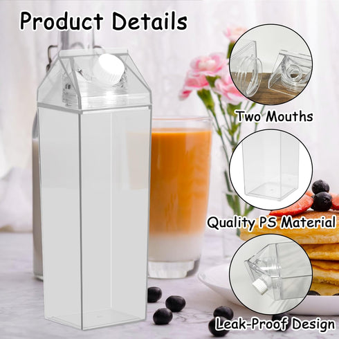 TINSKY 3 Bulk(34Oz) Pcs Milk Carton Clear Water Bottle Plastic Milk Carton Container Reusable Portable Square Juice