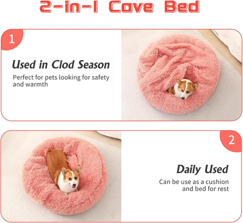 NOYAL Calming Dog Beds with Blanket Cave, Anti-Anxiety Fluffy Bed for Small Medium Dogs, Pet Cushions Furniture