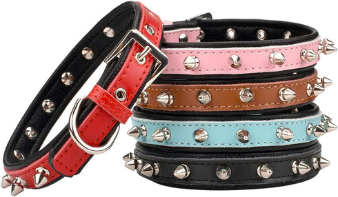 Spiked Studded Padded Leather Pet Collars for Small Medium Large Dogs and Cats (8"-10" Neck, Brown Spiked)
