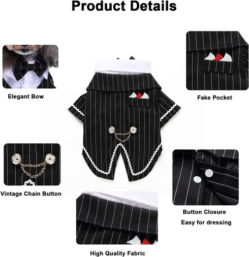 Gentleman Dog Shirt Pet Clothes, Bow Tie Costume, Cat Wedding Formal Tuxedo Suit, Prince Wedding Outfit (L, Black)