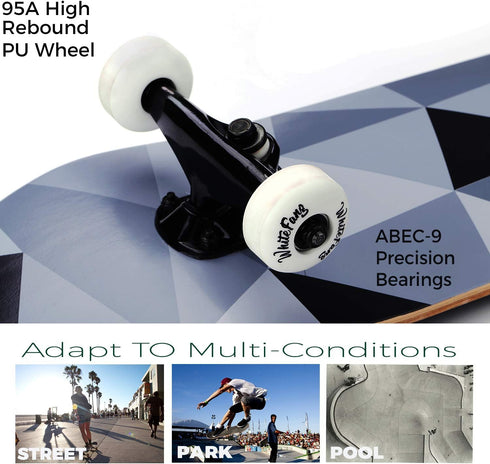 WhiteFang Complete Skateboard 31 x 7.88 for Beginners, 7 Layer Canadian Maple Double Kick Concave Standard and Tricks