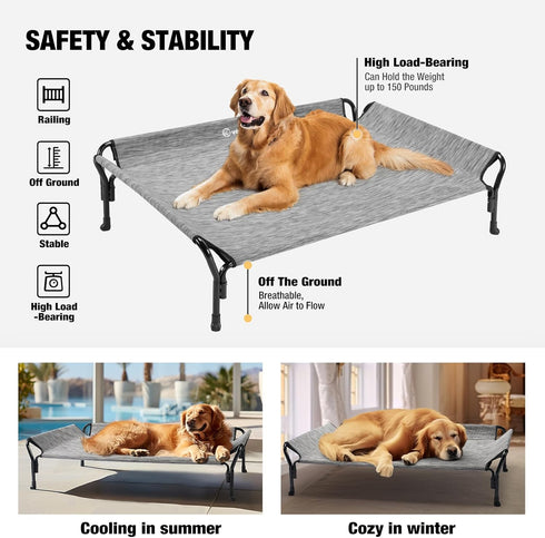 Veehoo Cooling Elevated Dog Bed for Large Dogs, Raised Bed with Guardrail & Slope Headrest, Durable Mesh