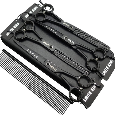 Professional Dog Grooming Scissors Set 7.0 inches - Straight, Thinning, Curved, Chunkers & Comb, Black