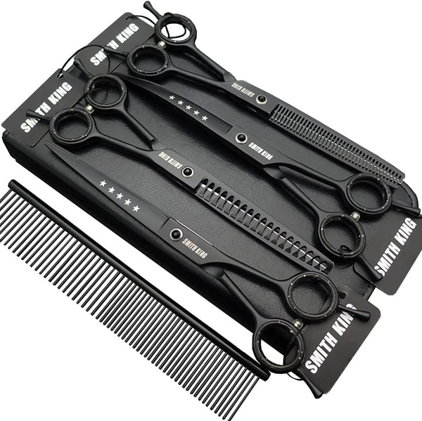 Professional Dog Grooming Scissors Set 7.0 inches - Straight, Thinning, Curved, Chunkers & Comb, Black
