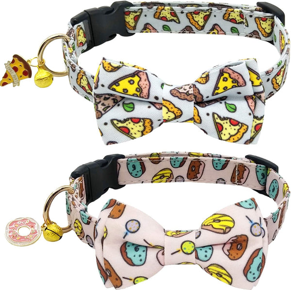 KUDES 2 Pack Adjustable Print Dog Collars with Bow Tie, Bells, and Charm Safety Buckle for Small/Medium/Large Dogs