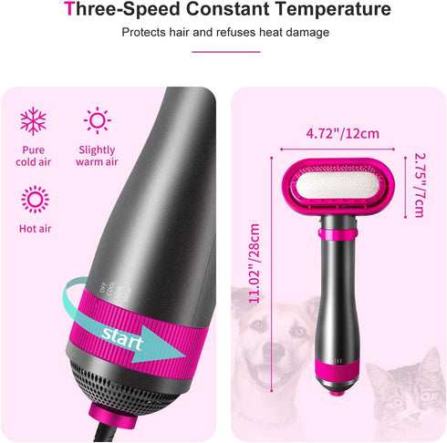 Dog Hair Dryer | 2 in 1 Pet Grooming Hair Dryer Blower with Replaceable Slicker Brush for Small and Medium Dogs