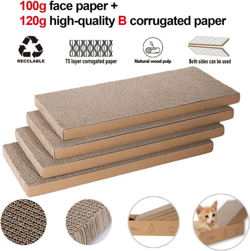 4 Packs in 1 Cat Scratch Pad with Box, Reversible Durable Cardboard Scratcher for Cats to Rest and Play